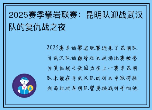 2025赛季攀岩联赛：昆明队迎战武汉队的复仇战之夜
