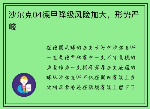 沙尔克04德甲降级风险加大，形势严峻